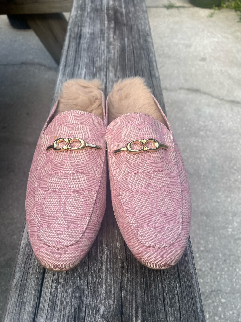 Coach Pink Signature Canvas Fur-Lined Slip-On Mules
